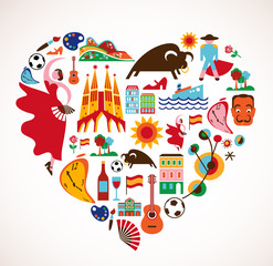 Spain Love - heart with set of vector icons - obrazy, fototapety, plakaty