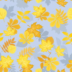 Yellow autumn leaves on blue background. Vector seamless pattern