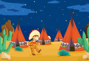 Peel and stick wall murals Indians tent house and kid