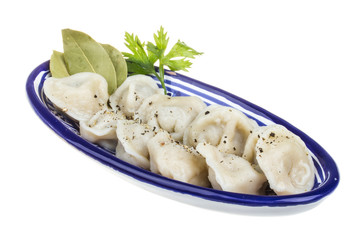 Bowl with traditional russian dish - pelmeni