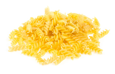A portion of Rotini corkscrew pasta isolated on white.