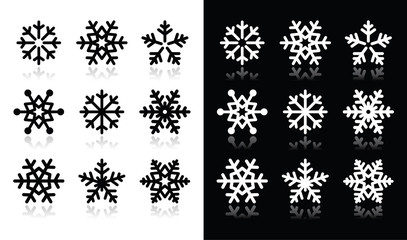 Snowflakes icons with shadow on black and white background