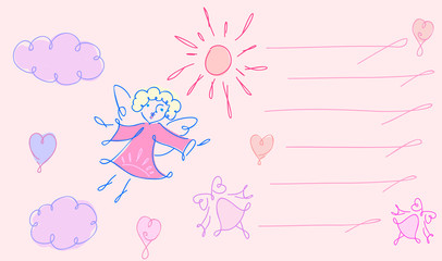 On this greeting card is: angel, sun, hearts and bell