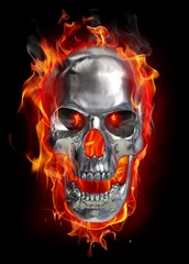 Poster Im Rahmen Metallischer Schädel in Flammen © -Misha