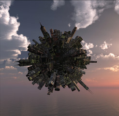 office building on little planet over the ocean