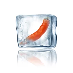 Fotobehang rode chili in ijsblokjes © somchaij