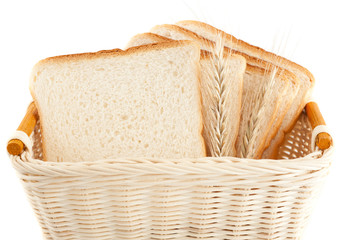 White bread and spikes of wheat in a basket