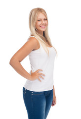 Obraz premium smiling teenage girl in blank white t-shirt