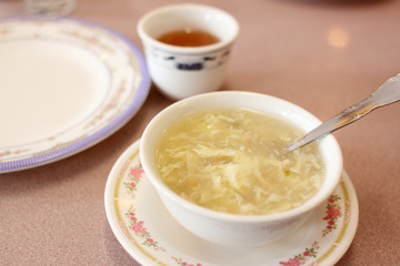 Bowl of egg flower soup at a restaurant.