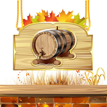 Wood barrel for wine with autumn colorful leaves