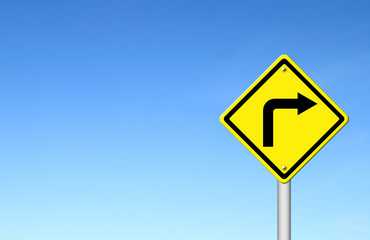 Road Sign - Right Turn Warning with blue sky