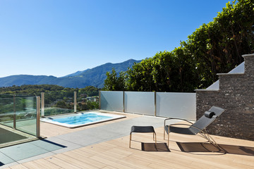 beautiful house outside, modern style, deckchair  and