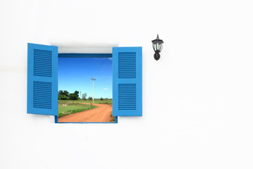 Greek Style windows and lamp with soil curve road