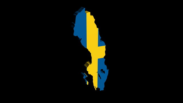 Sweden map flag rotating on black animation