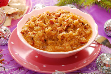 bowl of sauerkraut (bigos) with sausage for christmas