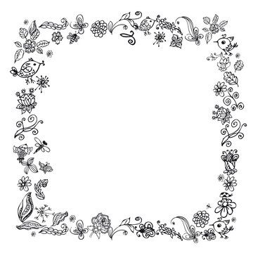 doodle frame elements with flowers and birds