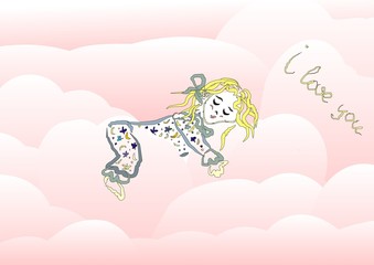 валентинка: спящая девочка в розовых облаках