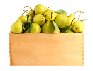 Juicy flavorful pears in box isolated on white