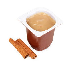 Yogurt with chocolate isolated on white