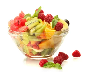 Foto auf Acrylglas fresh fruits salad in bowl  and berries, isolated on white © Africa Studio