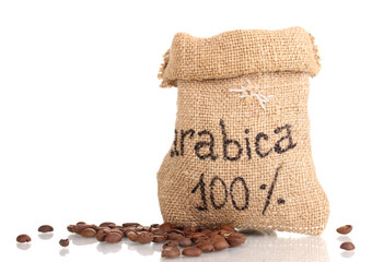 Coffee beans in bag isolated on white