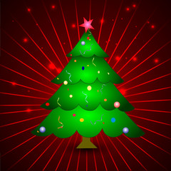 Christmas greeting or gift card with Xmas tree on red rays backg