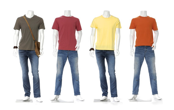 Four male mannequin dressed in jeans with colorful t-shirt