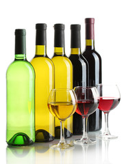 bottles and glasses of wine isolated on white