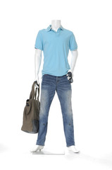 Full length male mannequin blue dressed in jeans with bag