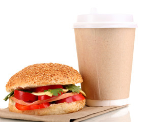 Appetizing sandwich with coffee in disposable cup isolated