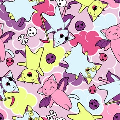 Vector kawaii pattern of Halloween cats and creatures.