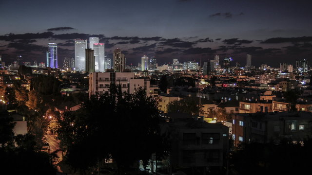 City twilight skyline time lapse