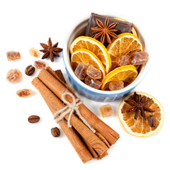 Coffee beans, cinnamon sticks, star anise