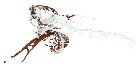 collision of splashing milk and chocolate - isolated on white