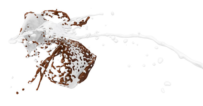 milk and coffee splashes collide abstract - isolated on white