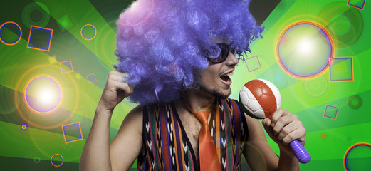 crazy guy with sunglasses and blue wig