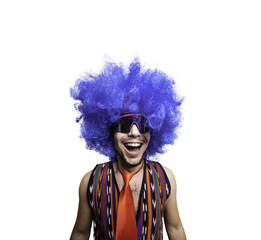 crazy guy with sunglasses and blue wig