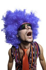 crazy guy with sunglasses and blue wig - obrazy, fototapety, plakaty