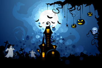 vector illustration of haunted castle in scary Halloween night