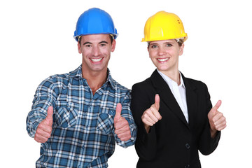 female architect and carpenter thumbs up