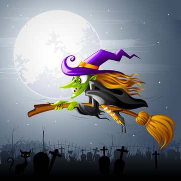 vector illustration of Halloween witch flying over gravyard