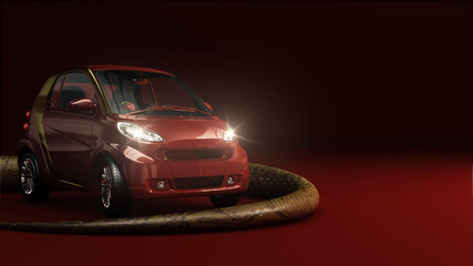 Fototapeta na wymiar Czerwony samochód z oświetleniem i węża