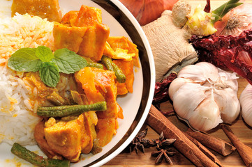 vegetarian curry rice with ingredients as bagkground