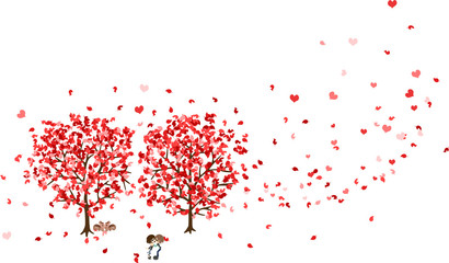 Obraz na płótnie Canvas 紅葉が舞う森の中の恋人達。