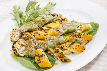 tasty appetizer with salmon and cheese