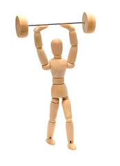 wooden doll doing weight lifting