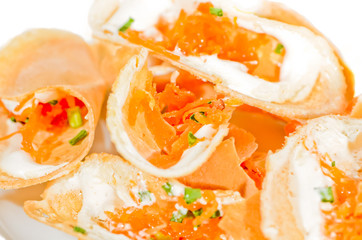 Thai snack crispy pancakes in Thai style,isolated on white backg