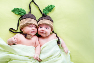 two twins brothers babies weared in acorn hats