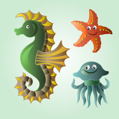 Set of funny sea animals in bright tones