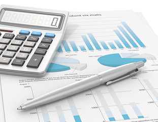 Obraz premium Result. Pen and Calculator on a paper with graph and charts.